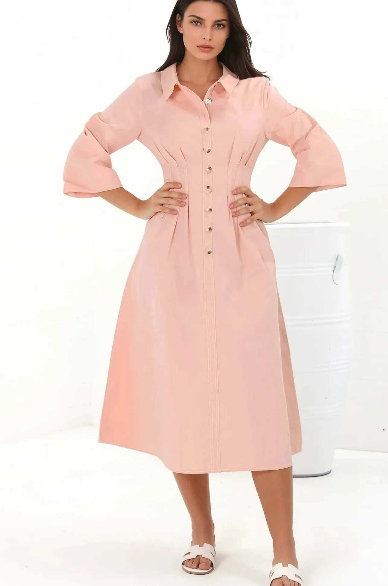 Adalyn Midi Dress - Collared A Line Dress with Cinched Waistline and Contrast Stitching in Pink>Salty Crush New