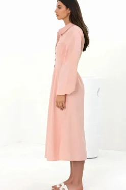 Adalyn Midi Dress - Collared A Line Dress with Cinched Waistline and Contrast Stitching in Pink><noscript><img width=