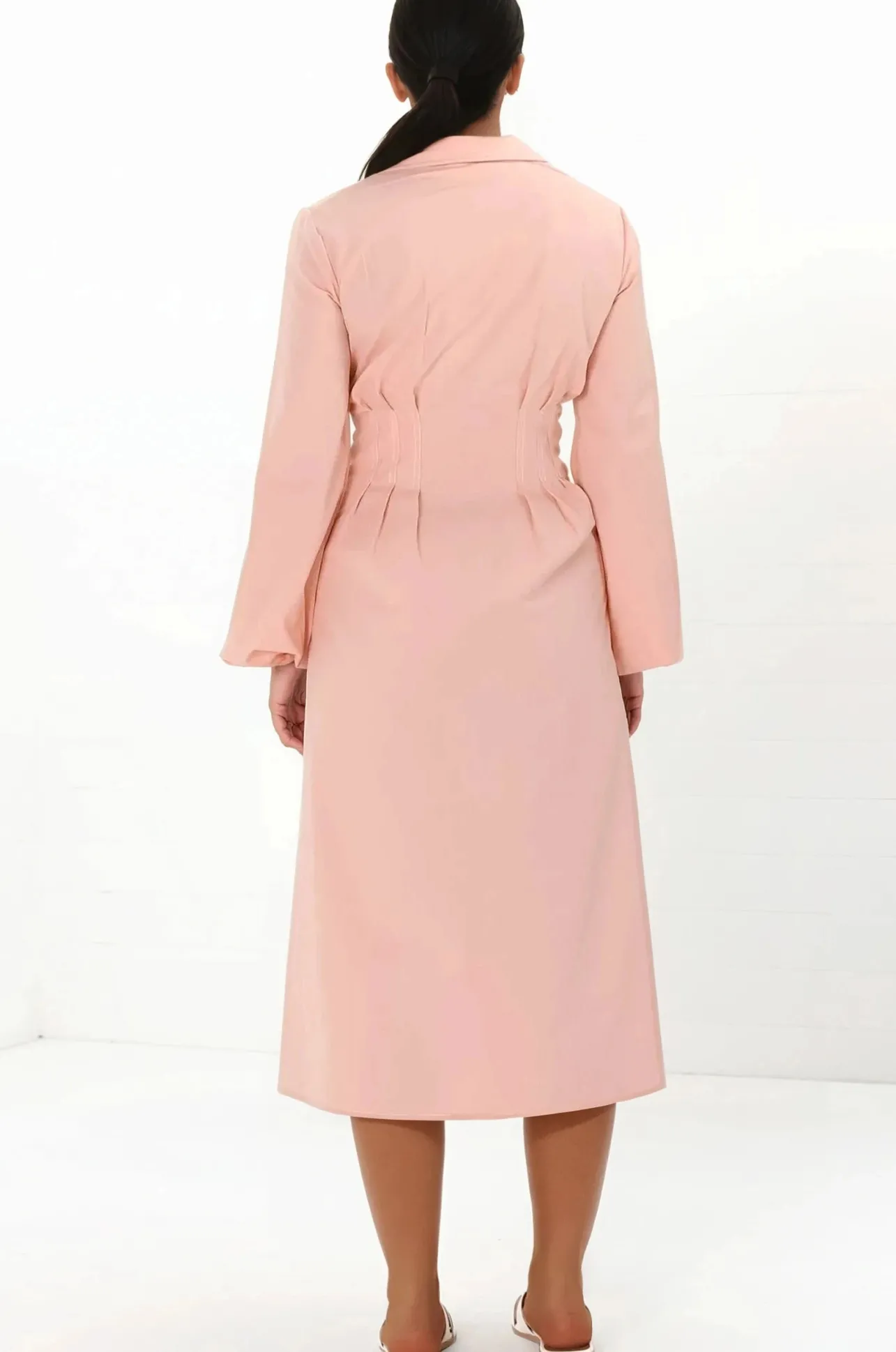 Adalyn Midi Dress - Collared A Line Dress with Cinched Waistline and Contrast Stitching in Pink>Salty Crush New