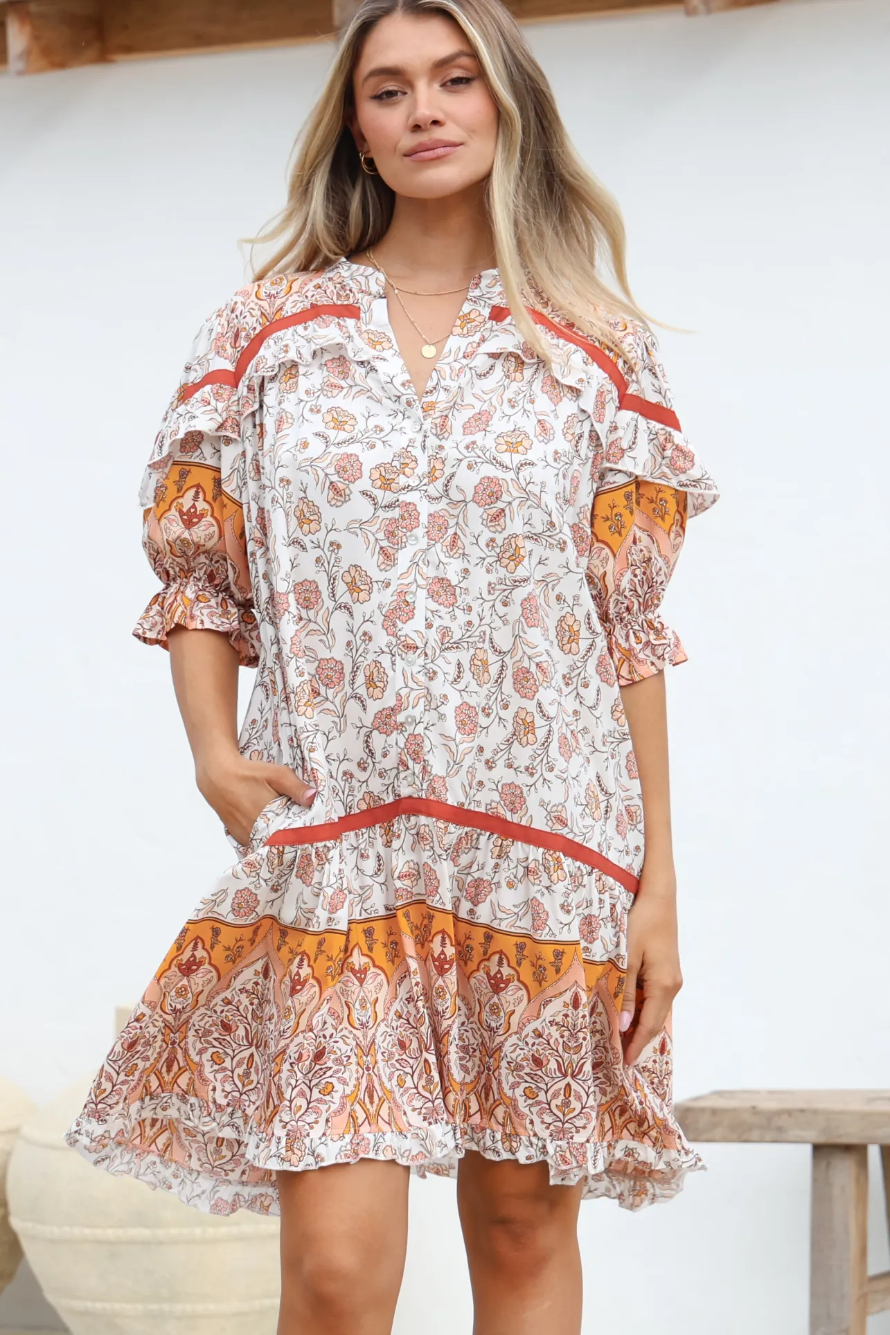 Addy Mini Dress - Statement Balloon Sleeve Button Down Dress in Quincy Print>Jaase Discount