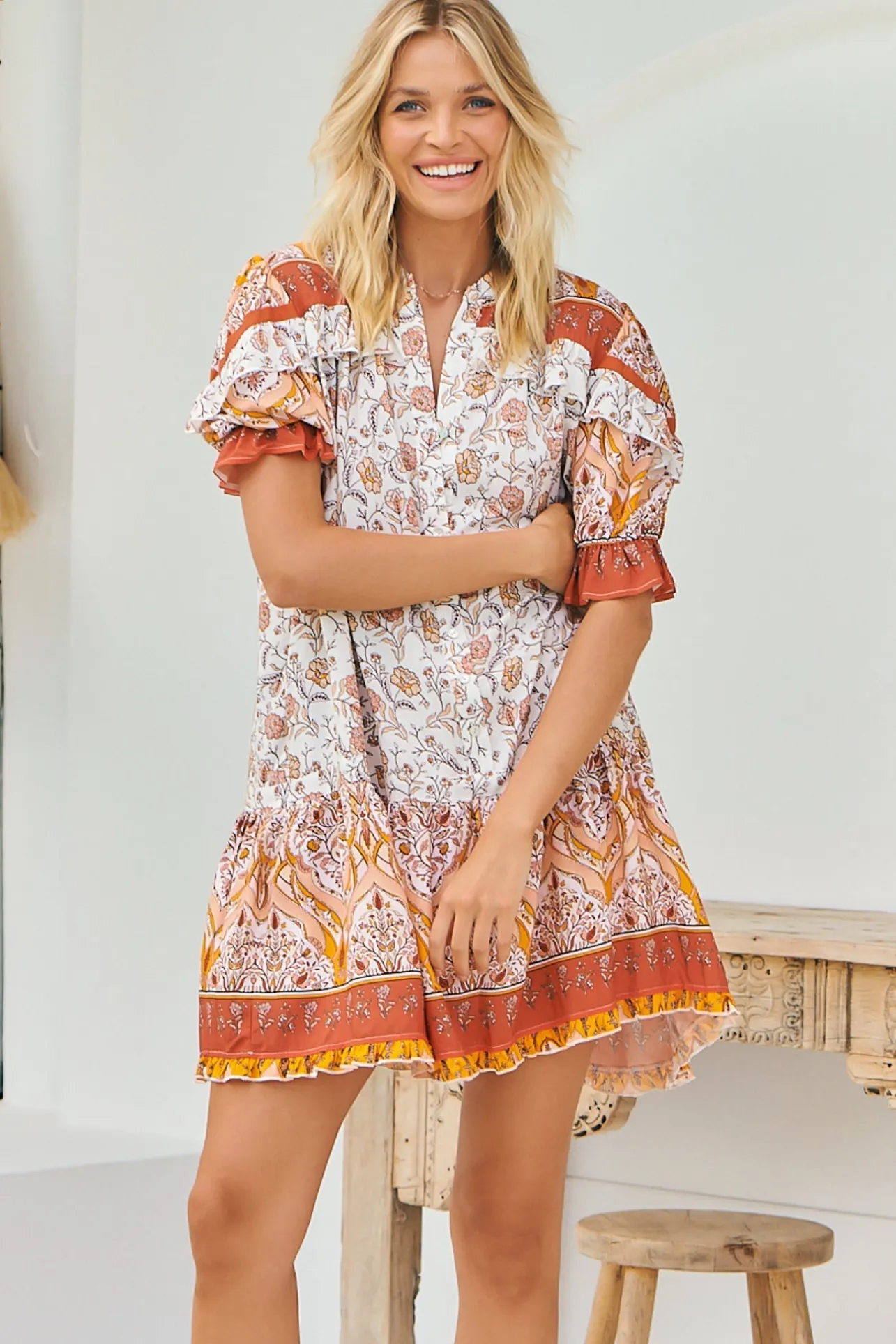 Addy Mini Dress - Statement Balloon Sleeve Button Down Dress in Quincy Print>Jaase Discount