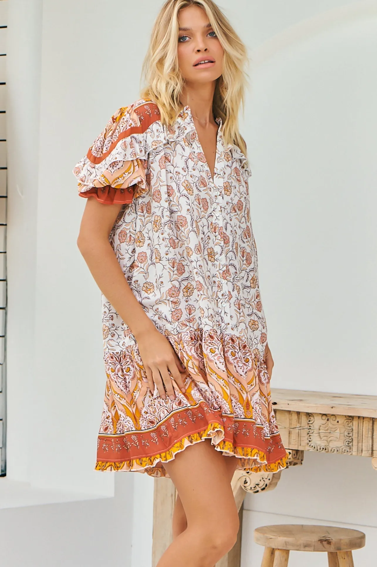 Addy Mini Dress - Statement Balloon Sleeve Button Down Dress in Quincy Print>Jaase Discount