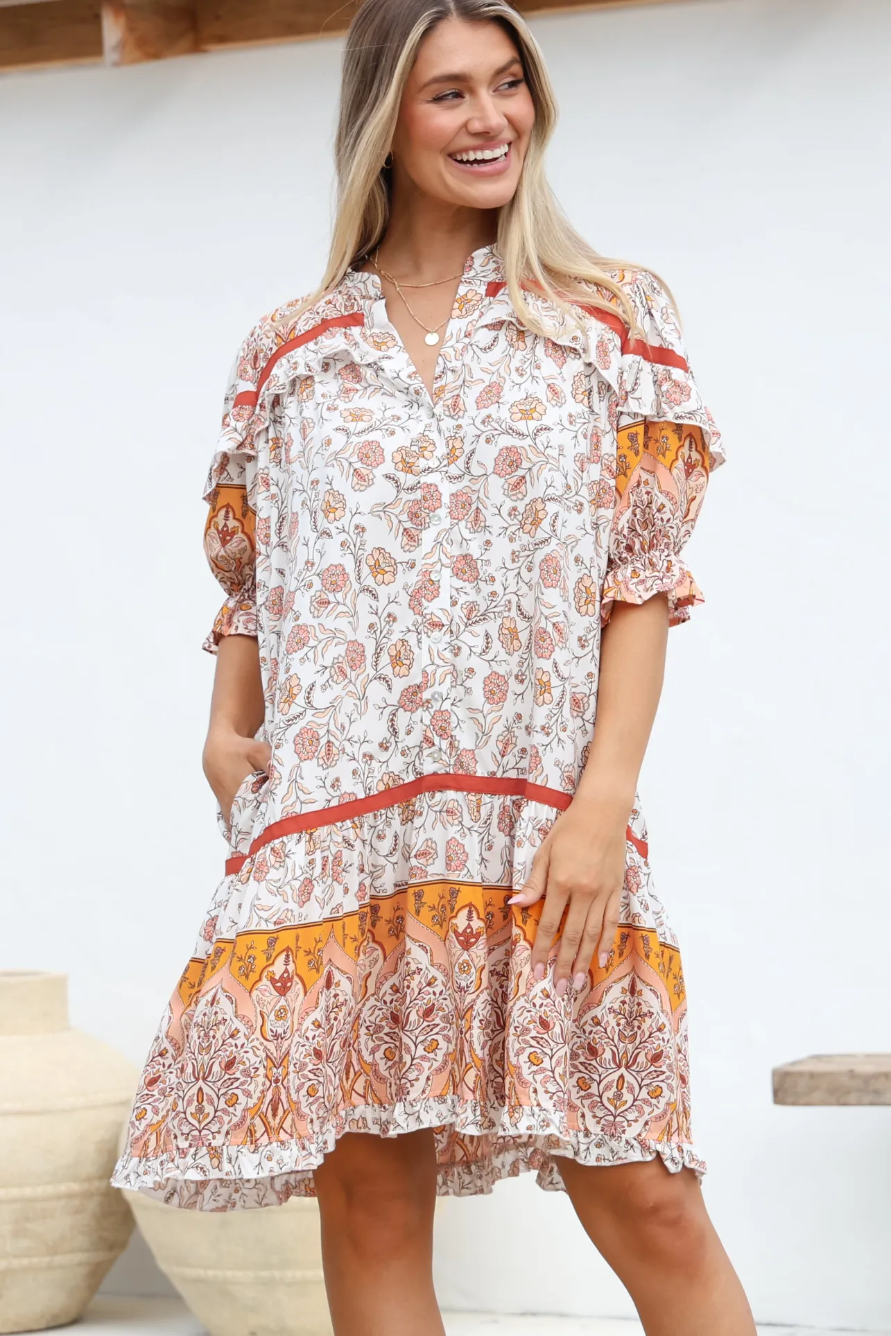Addy Mini Dress - Statement Balloon Sleeve Button Down Dress in Quincy Print>Jaase Discount