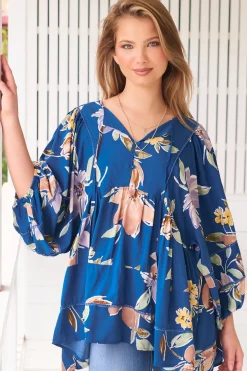 Adela Blouse - Lace Detailed Oversized Blouse in Georgia Blue Print>Jaase Sale
