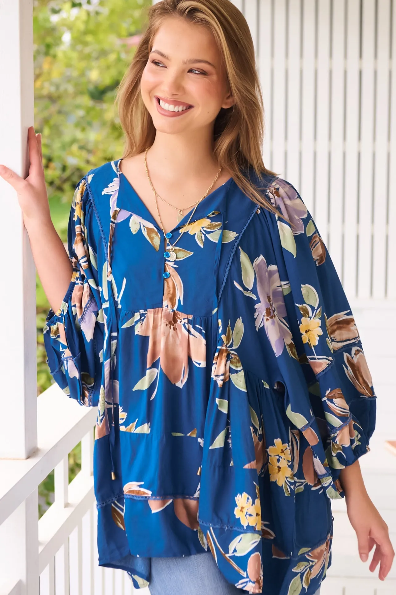 Adela Blouse - Lace Detailed Oversized Blouse in Georgia Blue Print>Jaase Sale