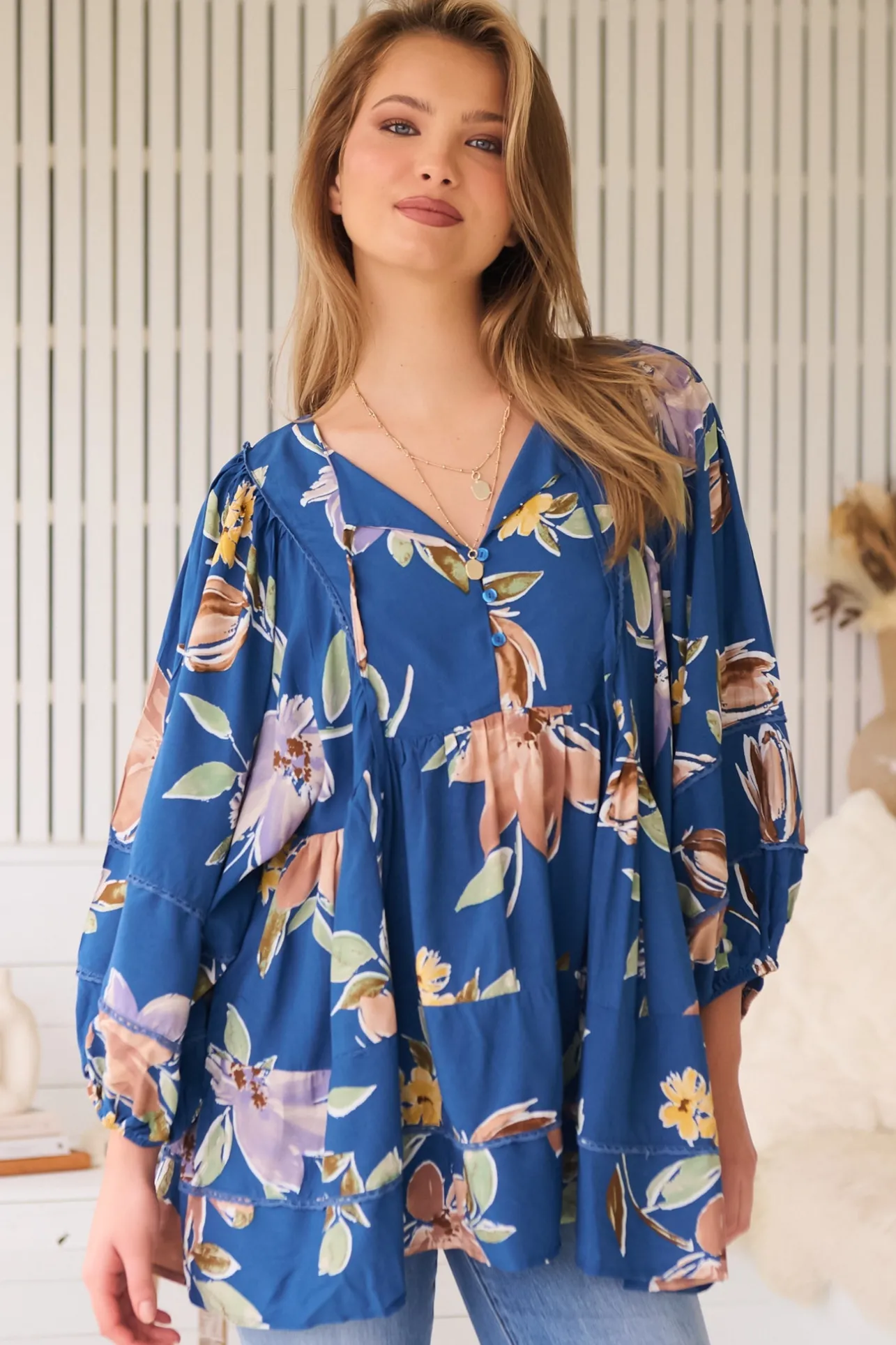 Adela Blouse - Lace Detailed Oversized Blouse in Georgia Blue Print>Jaase Sale