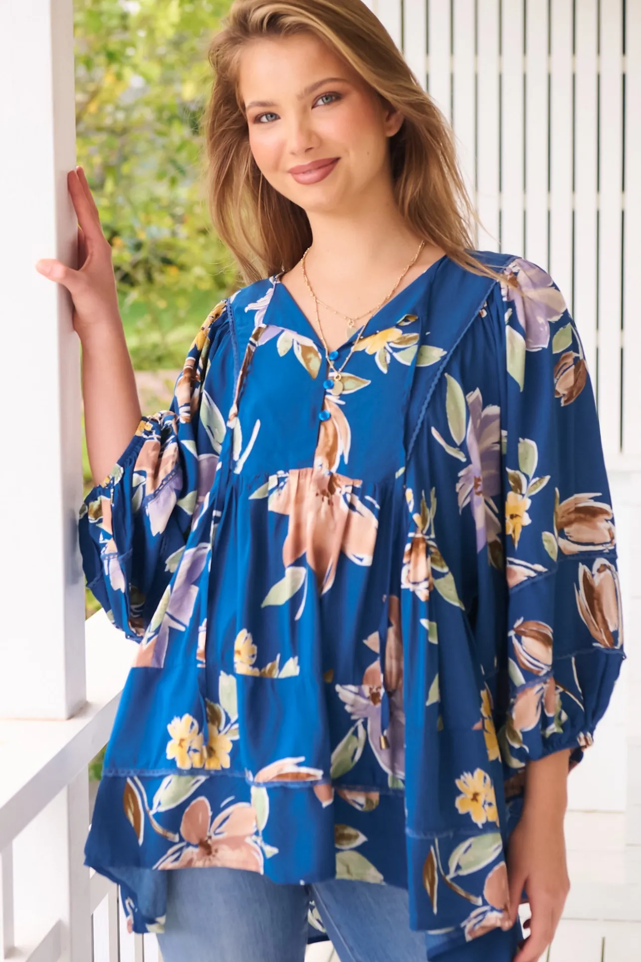 Adela Blouse - Lace Detailed Oversized Blouse in Georgia Blue Print>Jaase Sale