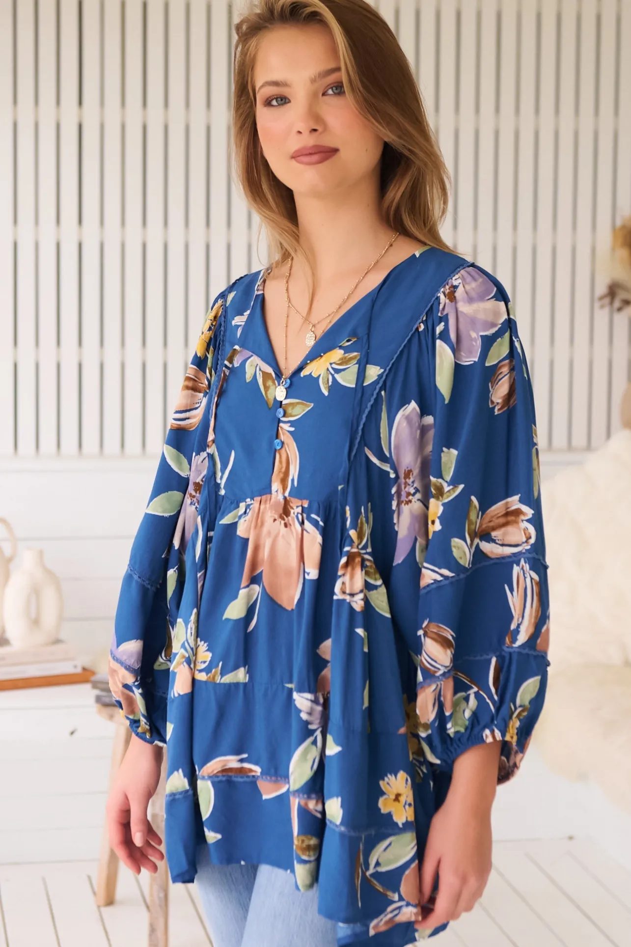 Adela Blouse - Lace Detailed Oversized Blouse in Georgia Blue Print>Jaase Sale