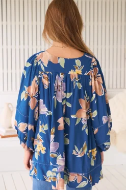 Adela Blouse - Lace Detailed Oversized Blouse in Georgia Blue Print><noscript><img width=