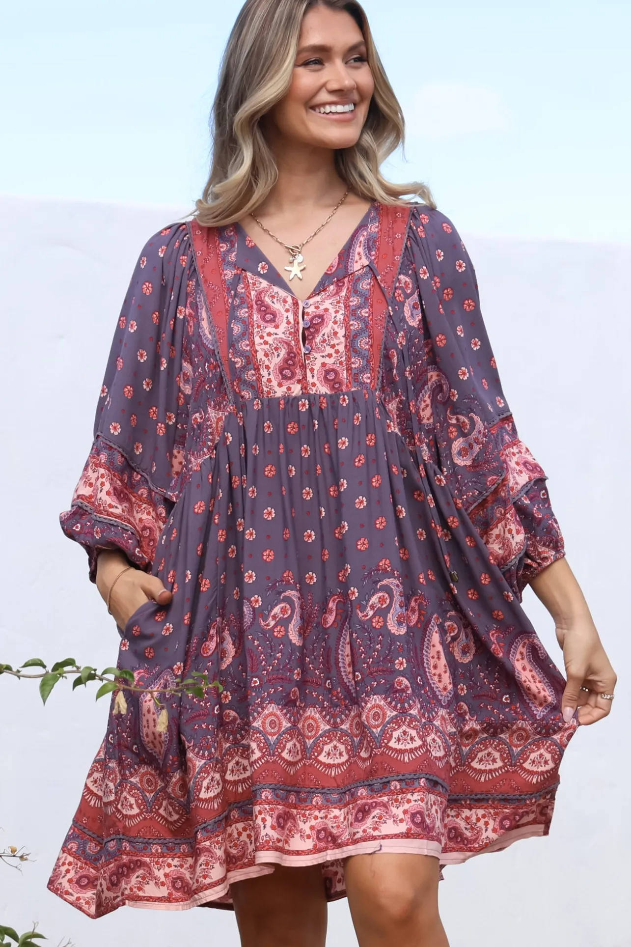 Adela Mini Dress - Oversized Smock Dress with Batwing Sleeves in Dancing Daisy Print>Jaase New