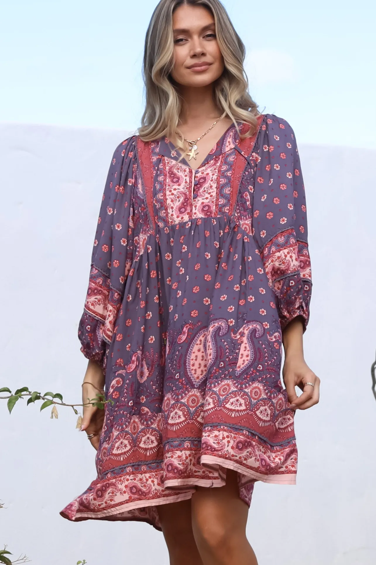 Adela Mini Dress - Oversized Smock Dress with Batwing Sleeves in Dancing Daisy Print>Jaase New