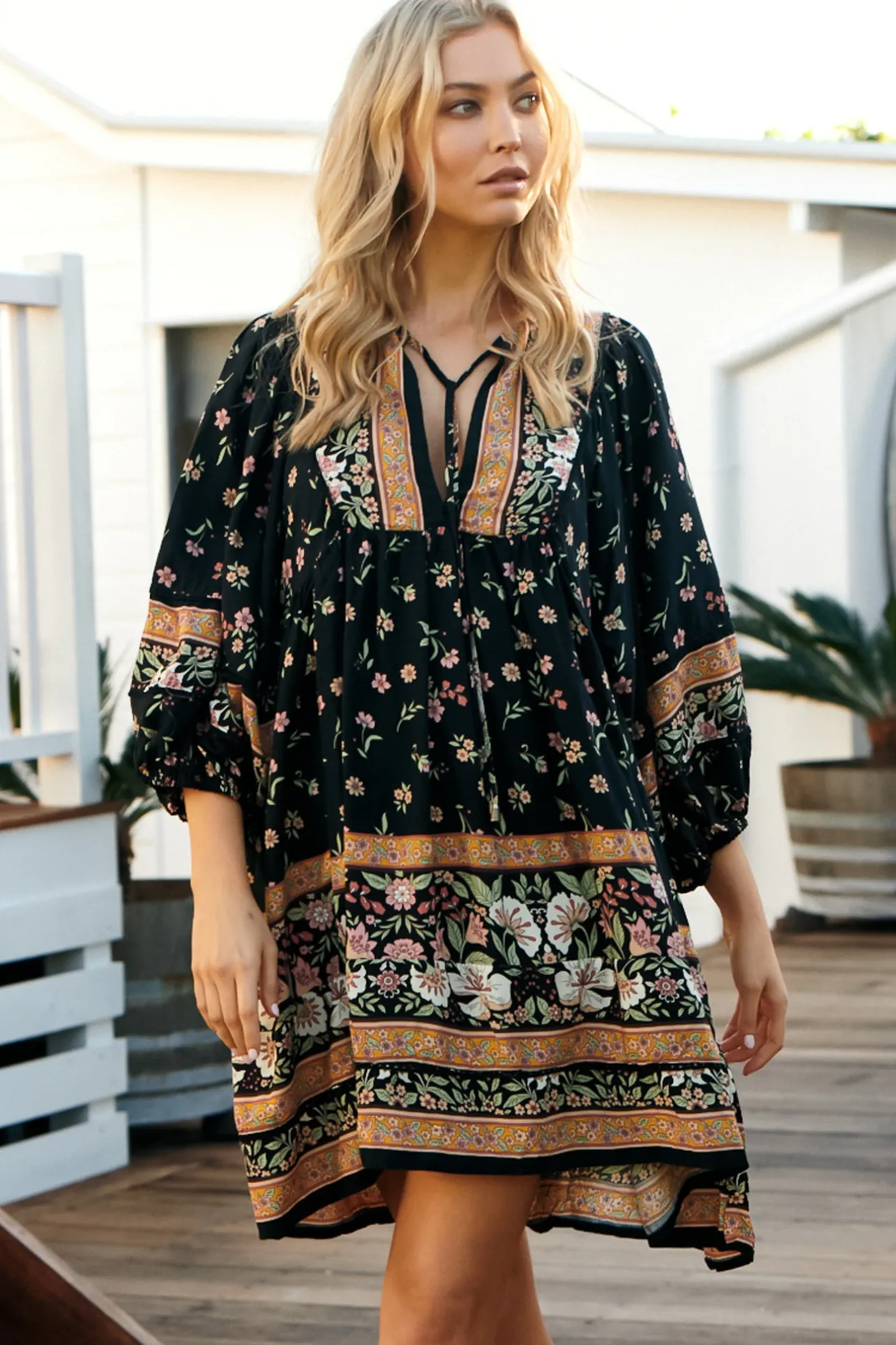 Adela Mini Dress - Oversized Smock Dress with Batwing Sleeves in Eternity Print>Jaase New