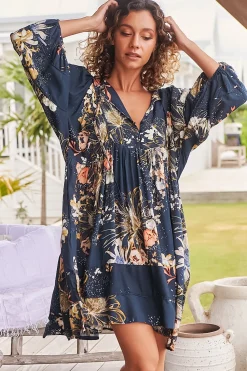 Adela Mini Dress - Oversized Smock Dress with Batwing Sleeves in Indigo Print>Jaase Best