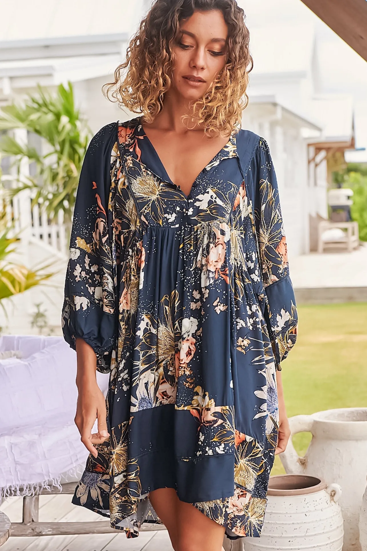 Adela Mini Dress - Oversized Smock Dress with Batwing Sleeves in Indigo Print>Jaase Best
