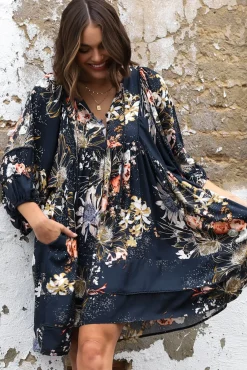 Adela Mini Dress - Oversized Smock Dress with Batwing Sleeves in Indigo Print><noscript><img width=