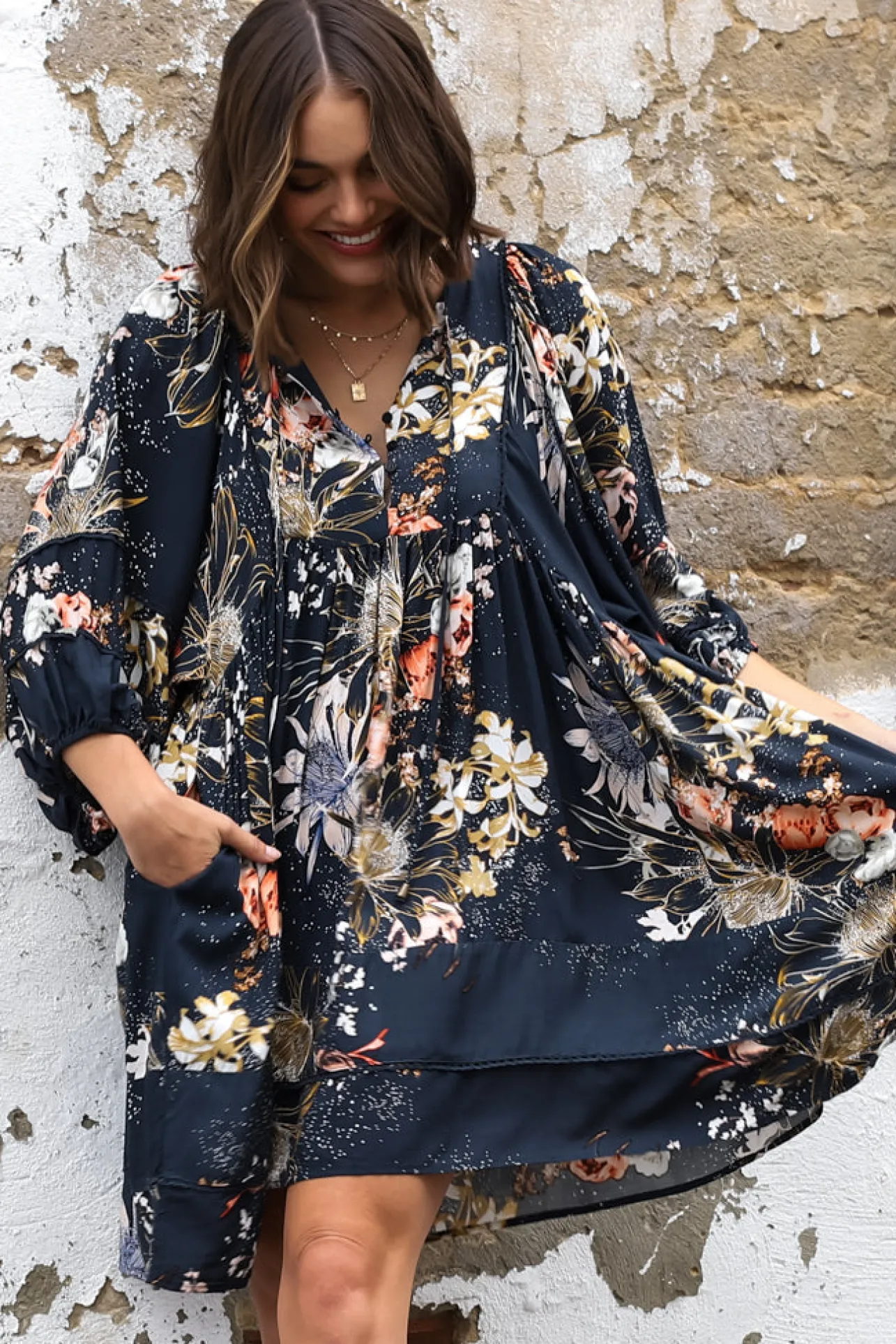 Adela Mini Dress - Oversized Smock Dress with Batwing Sleeves in Indigo Print>Jaase Best