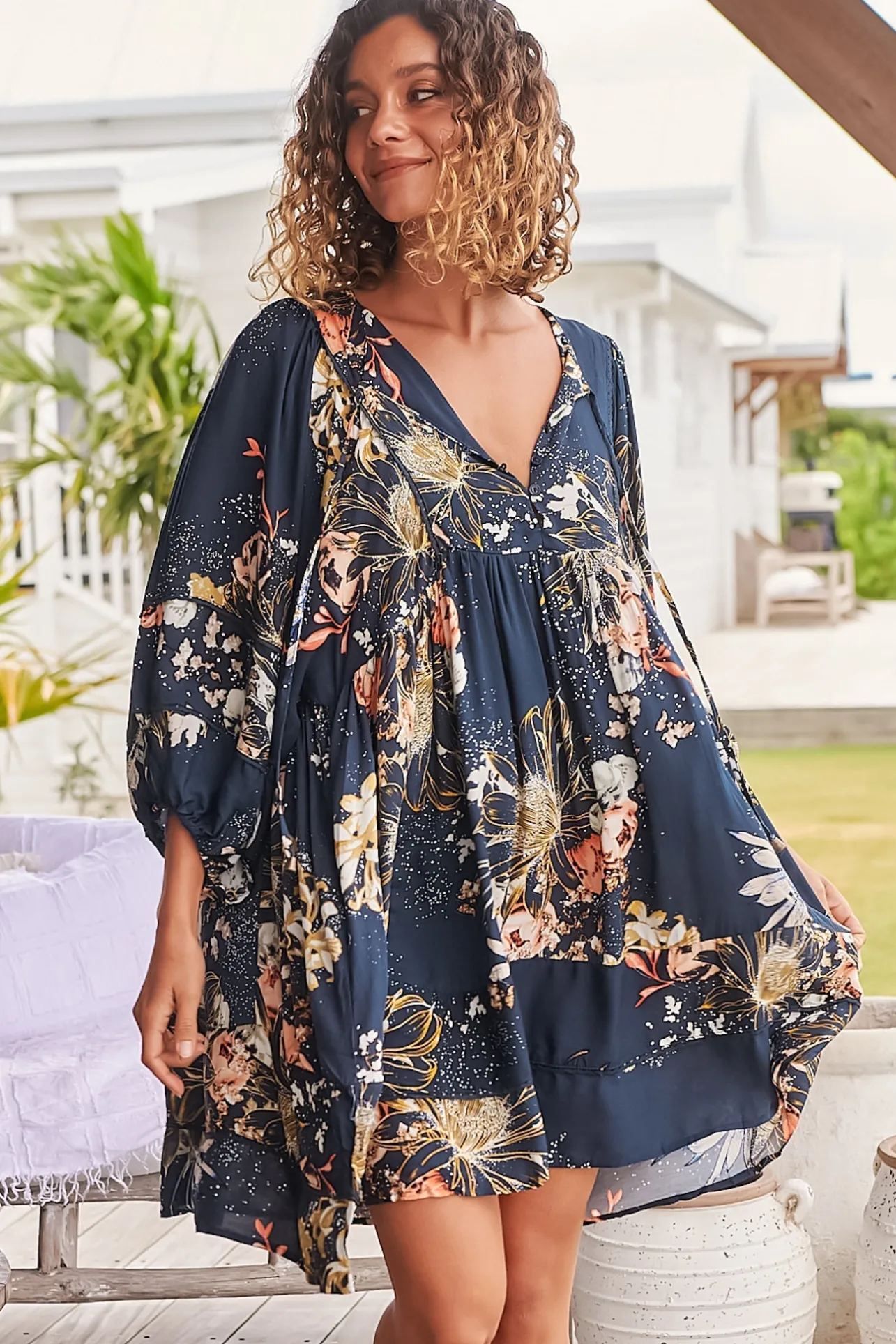 Adela Mini Dress - Oversized Smock Dress with Batwing Sleeves in Indigo Print>Jaase Best