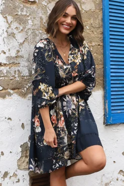 Adela Mini Dress - Oversized Smock Dress with Batwing Sleeves in Indigo Print><noscript><img width=
