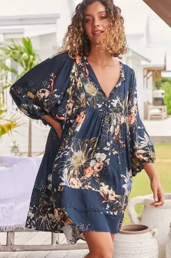 Adela Mini Dress - Oversized Smock Dress with Batwing Sleeves in Indigo Print><noscript><img width=