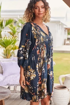 Adela Mini Dress - Oversized Smock Dress with Batwing Sleeves in Indigo Print><noscript><img width=