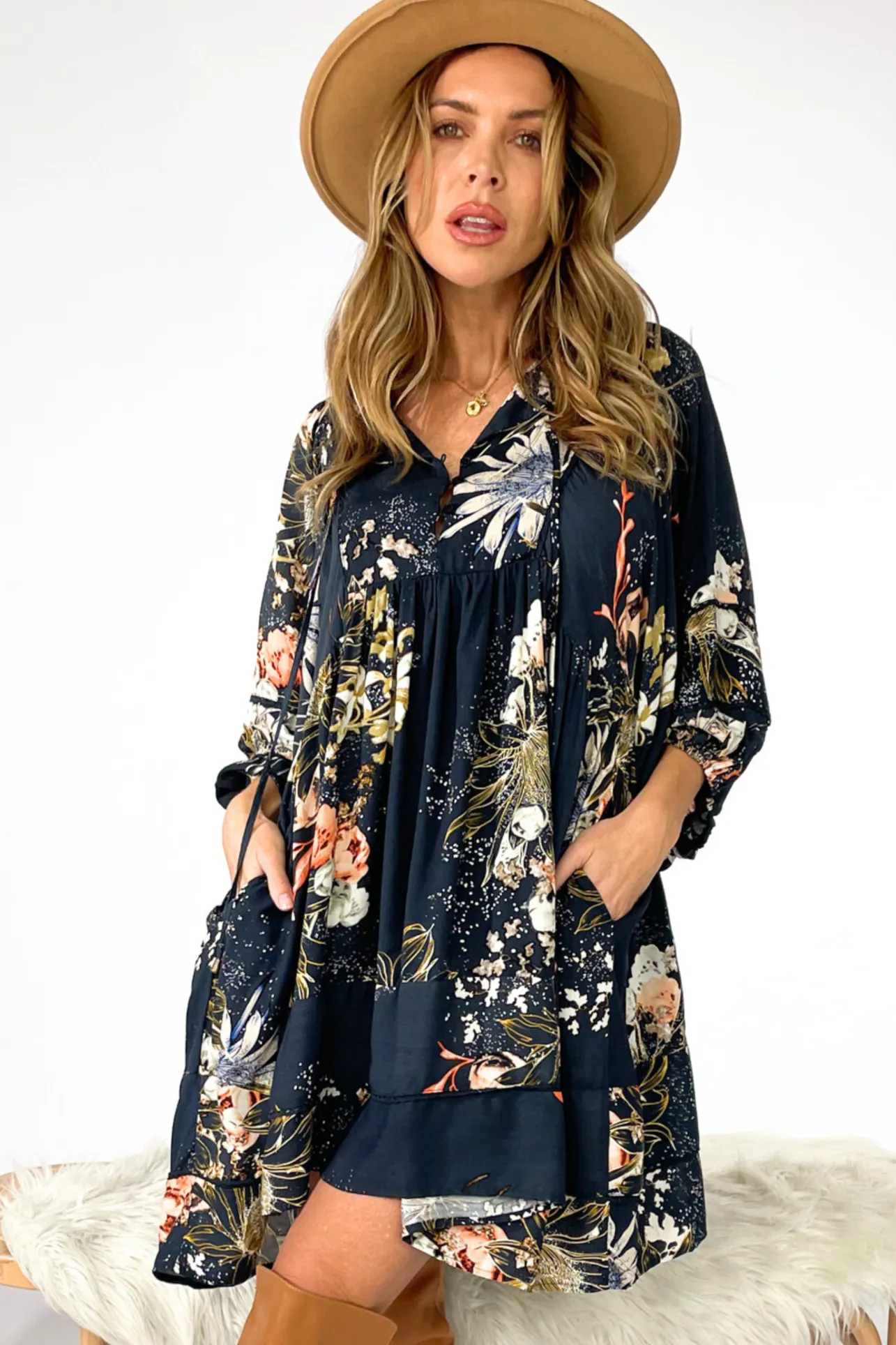 Adela Mini Dress - Oversized Smock Dress with Batwing Sleeves in Indigo Print>Jaase Best