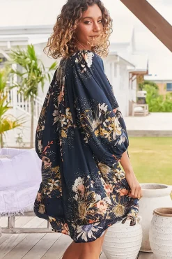 Adela Mini Dress - Oversized Smock Dress with Batwing Sleeves in Indigo Print><noscript><img width=