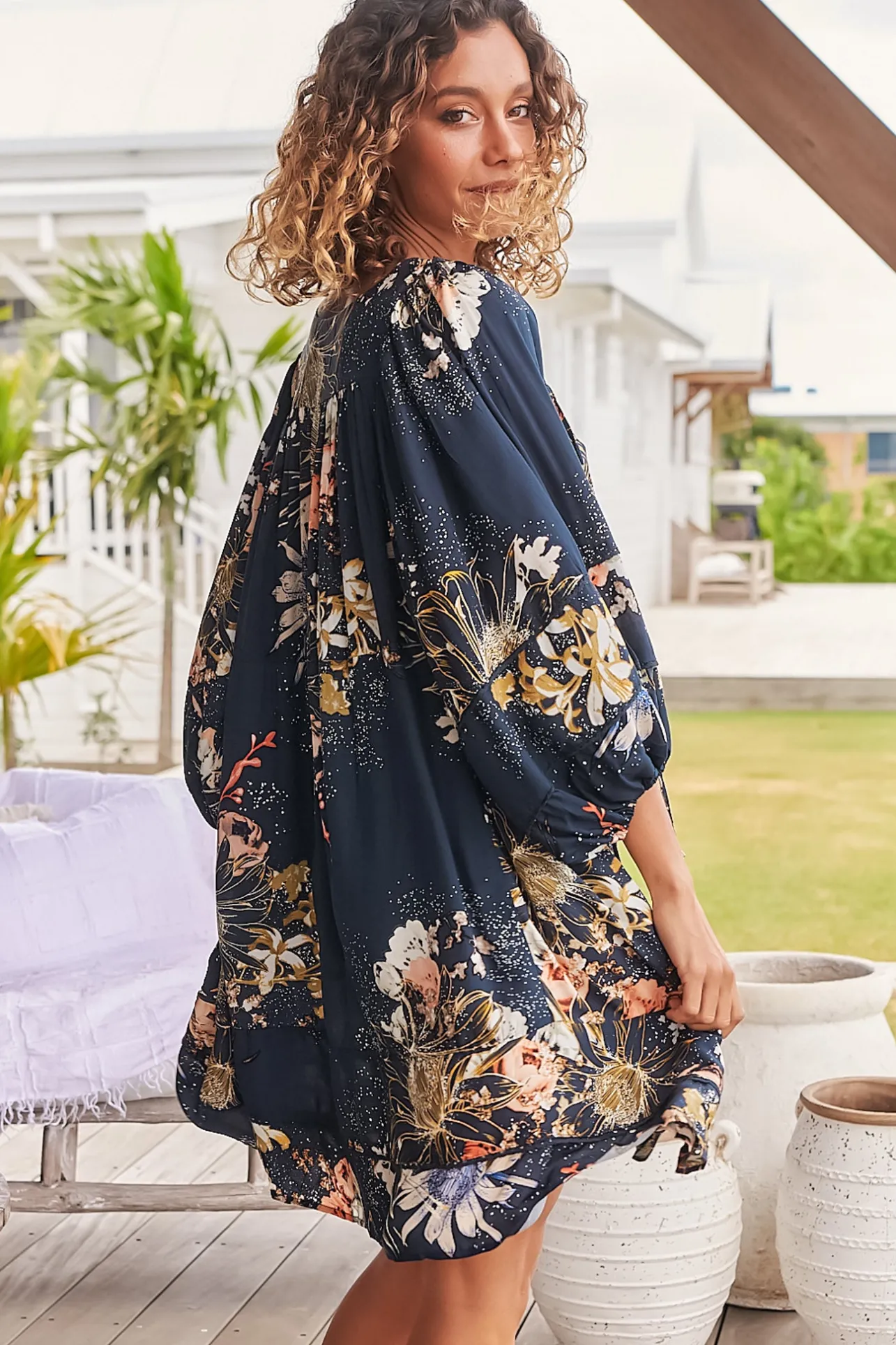 Adela Mini Dress - Oversized Smock Dress with Batwing Sleeves in Indigo Print>Jaase Best