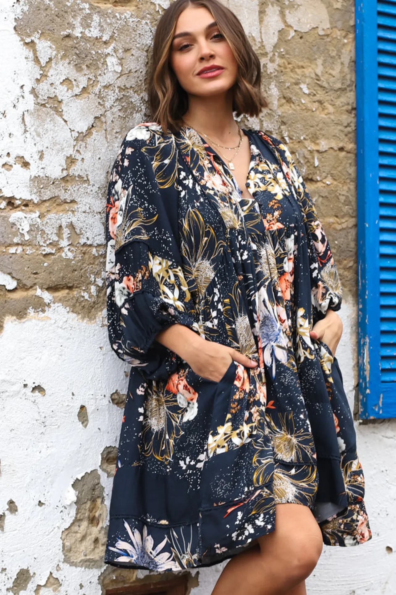 Adela Mini Dress - Oversized Smock Dress with Batwing Sleeves in Indigo Print>Jaase Best
