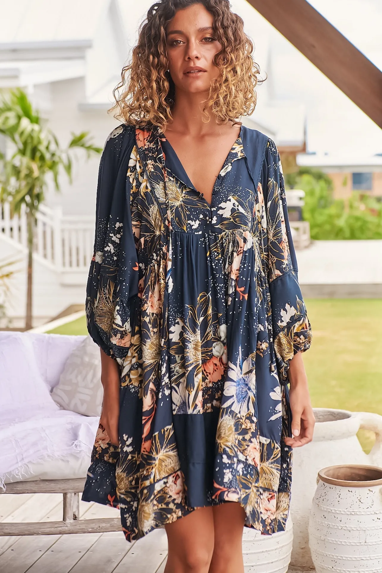 Adela Mini Dress - Oversized Smock Dress with Batwing Sleeves in Indigo Print>Jaase Best