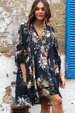Adela Mini Dress - Oversized Smock Dress with Batwing Sleeves in Indigo Print><noscript><img width=
