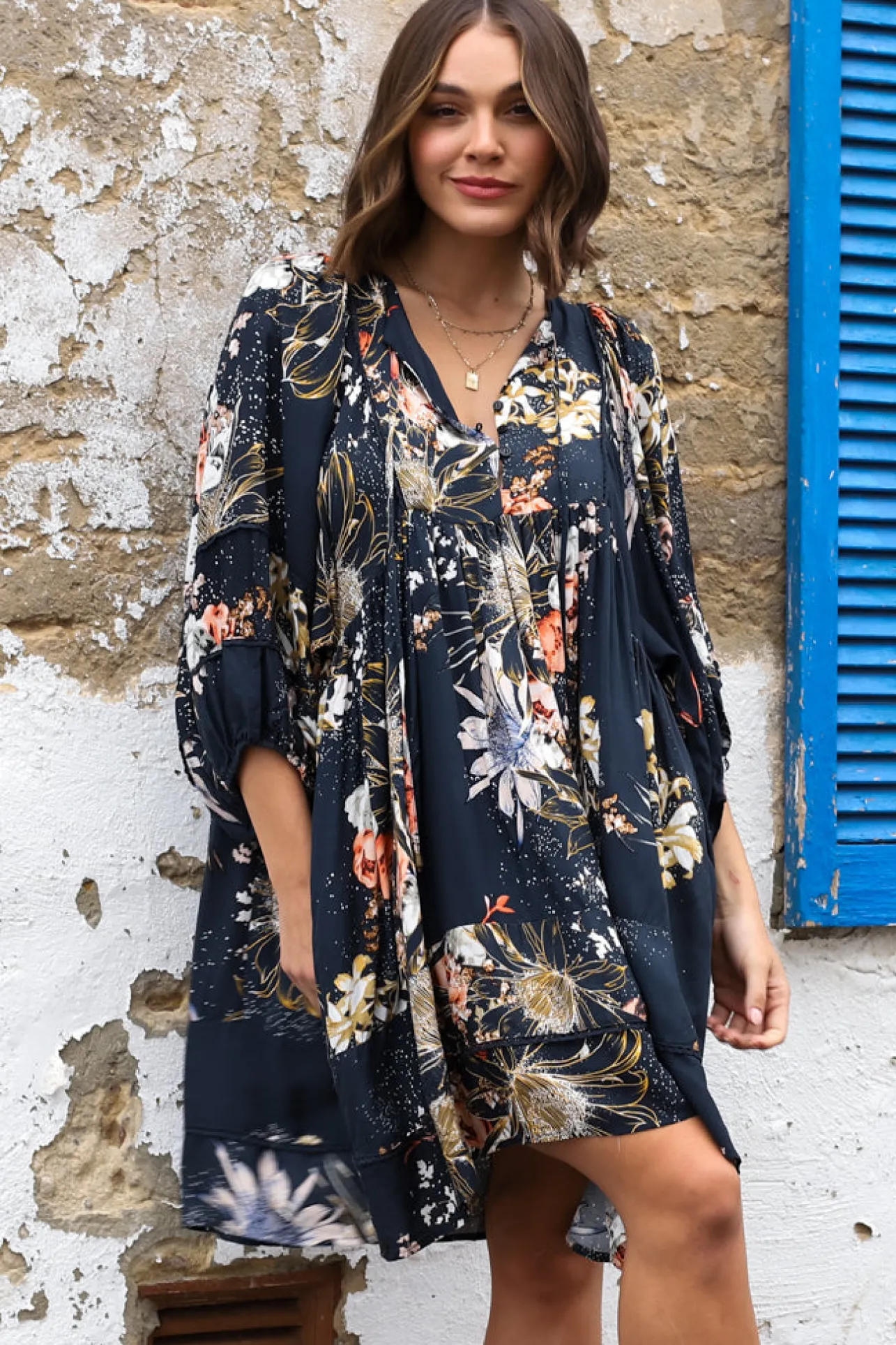 Adela Mini Dress - Oversized Smock Dress with Batwing Sleeves in Indigo Print>Jaase Best