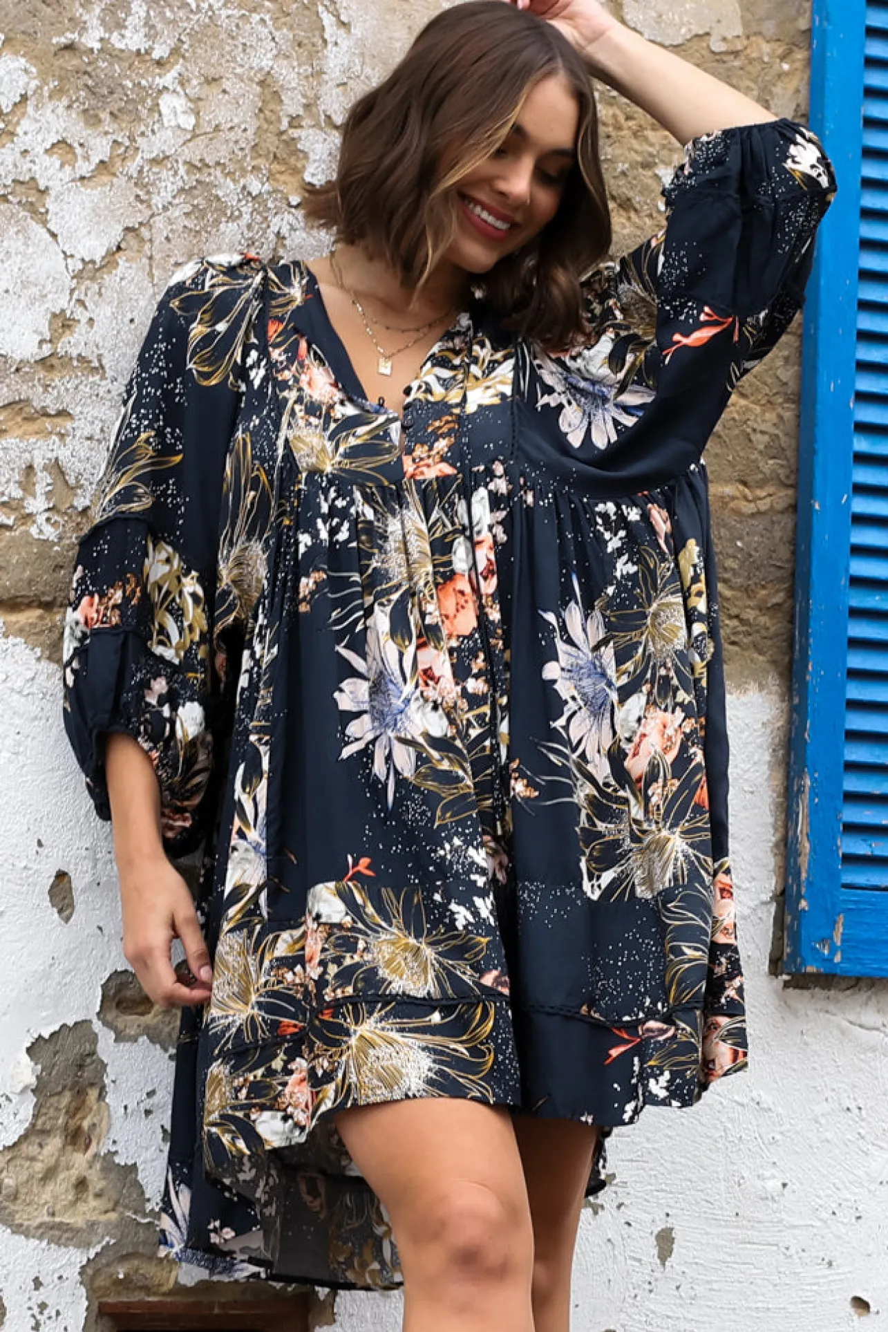 Adela Mini Dress - Oversized Smock Dress with Batwing Sleeves in Indigo Print>Jaase Best