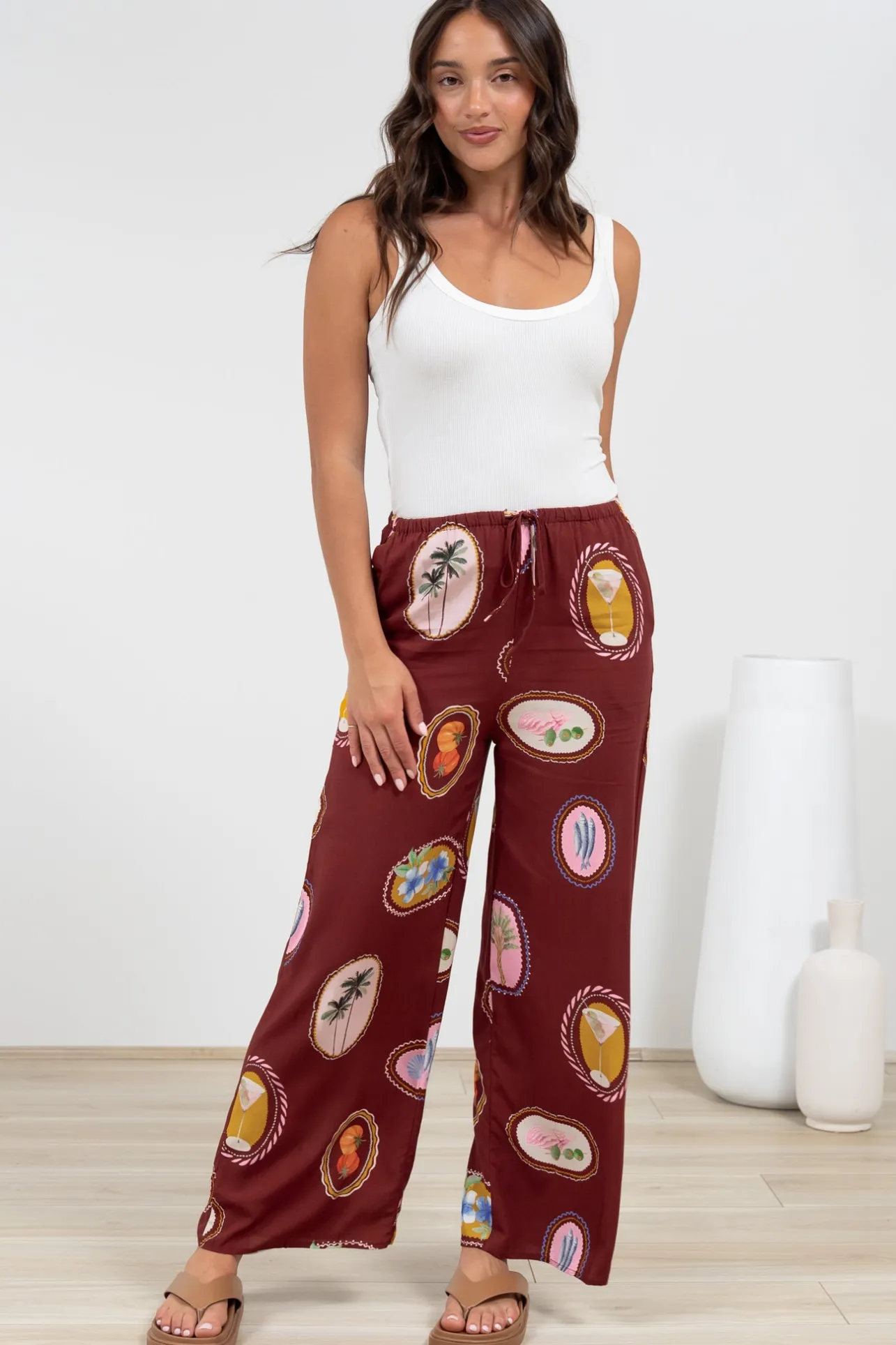 Adelaide Pants - Drawstring High Waisted Wide Leg Pant in Tamrin Print>Salty Crush New