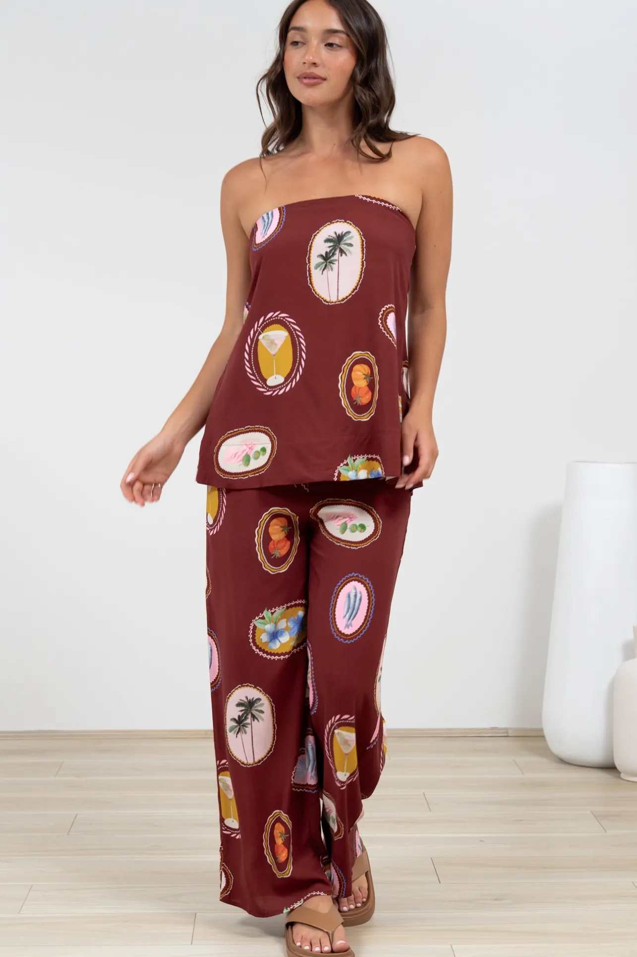 Adelaide Pants - Drawstring High Waisted Wide Leg Pant in Tamrin Print>Salty Crush New