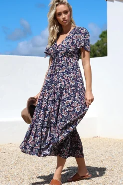 Adhira Maxi Dress - Buttoned Bodice A Line Dress With Flute Sleeves In Marla Print Navy><noscript><img width=