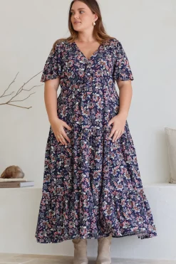 Adhira Maxi Dress - Buttoned Bodice A Line Dress With Flute Sleeves In Marla Print Navy><noscript><img width=