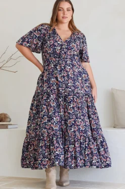Adhira Maxi Dress - Buttoned Bodice A Line Dress With Flute Sleeves In Marla Print Navy><noscript><img width=