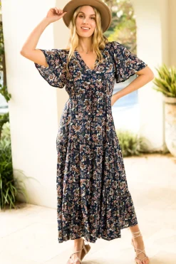 Adhira Maxi Dress - Buttoned Bodice A Line Dress With Flute Sleeves In Marla Print Navy><noscript><img width=