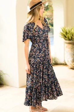 Adhira Maxi Dress - Buttoned Bodice A Line Dress With Flute Sleeves In Marla Print Navy><noscript><img width=