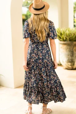 Adhira Maxi Dress - Buttoned Bodice A Line Dress With Flute Sleeves In Marla Print Navy><noscript><img width=