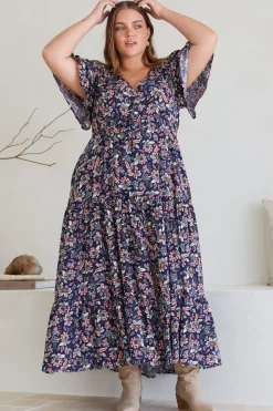 Adhira Maxi Dress - Buttoned Bodice A Line Dress With Flute Sleeves In Marla Print Navy><noscript><img width=