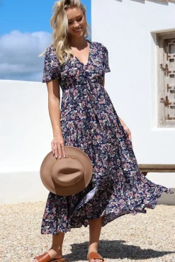 Adhira Maxi Dress - Buttoned Bodice A Line Dress With Flute Sleeves In Marla Print Navy><noscript><img width=