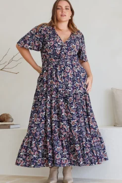 Adhira Maxi Dress - Buttoned Bodice A Line Dress With Flute Sleeves In Marla Print Navy><noscript><img width=