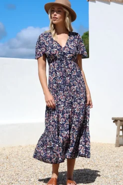 Adhira Maxi Dress - Buttoned Bodice A Line Dress With Flute Sleeves In Marla Print Navy><noscript><img width=