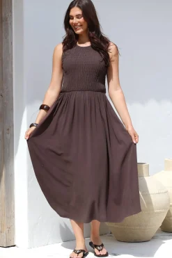 Adrian Midi Dress - Sleeveless Shirred Bodice A-Line Dress in Chocolate><noscript><img width=