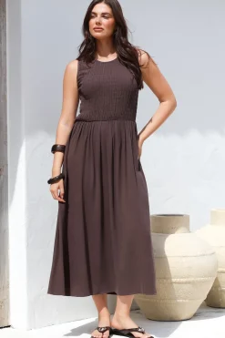 Adrian Midi Dress - Sleeveless Shirred Bodice A-Line Dress in Chocolate><noscript><img width=