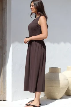 Adrian Midi Dress - Sleeveless Shirred Bodice A-Line Dress in Chocolate><noscript><img width=