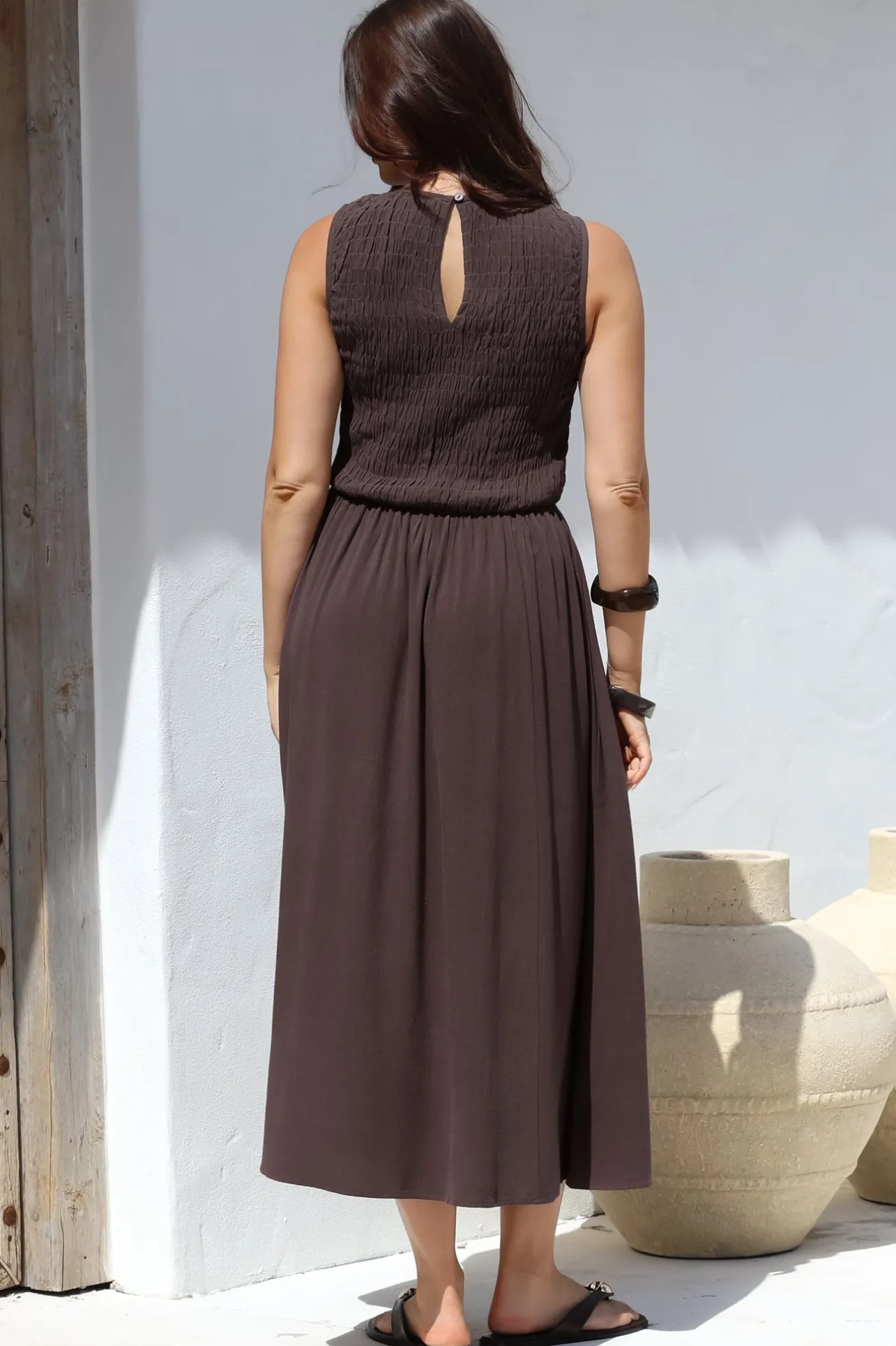 Adrian Midi Dress - Sleeveless Shirred Bodice A-Line Dress in Chocolate>Salty Crush Online