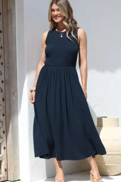 Adrian Midi Dress - Sleeveless Shirred Bodice A-Line Dress in Navy>Salty Crush Online