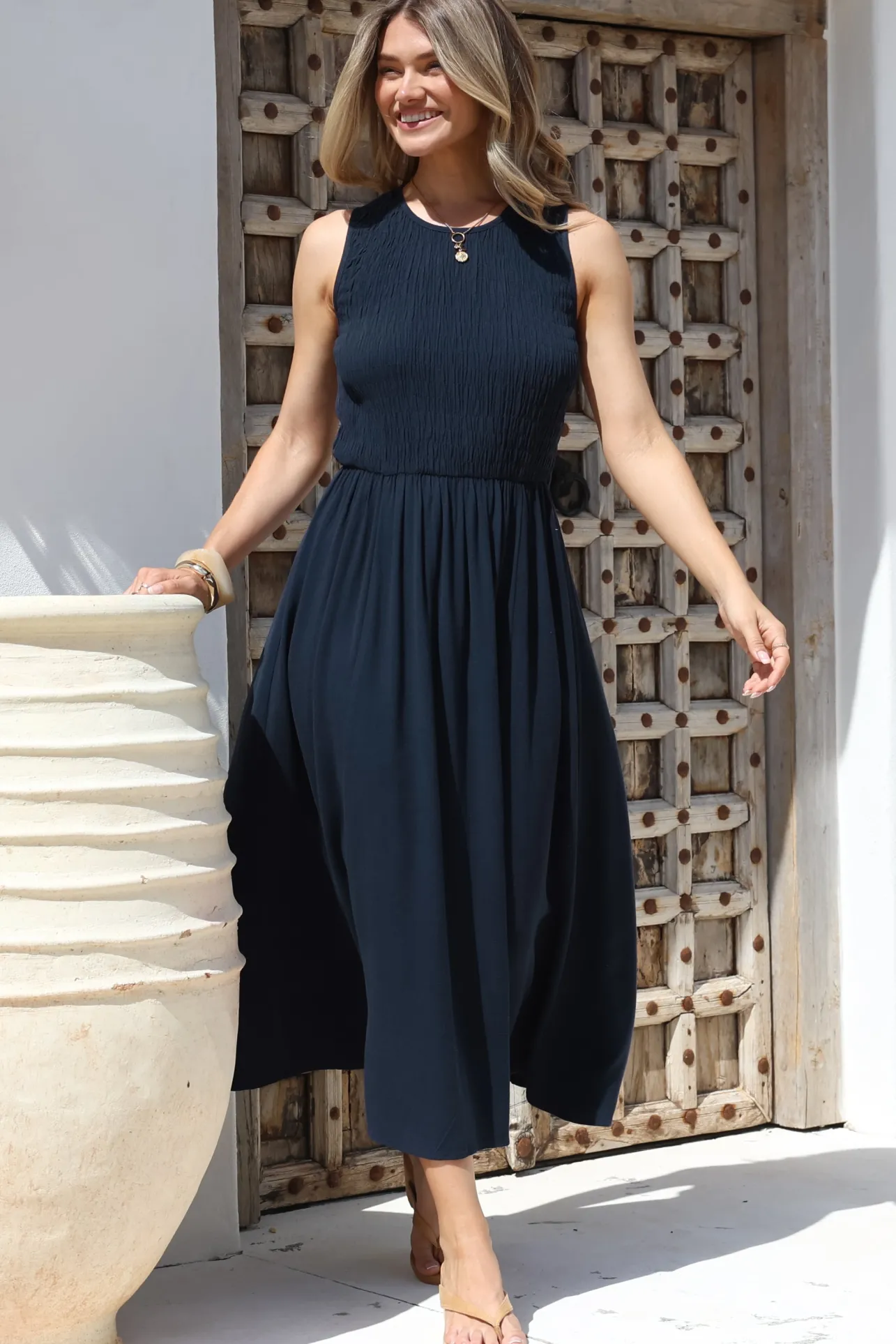 Adrian Midi Dress - Sleeveless Shirred Bodice A-Line Dress in Navy>Salty Crush Online